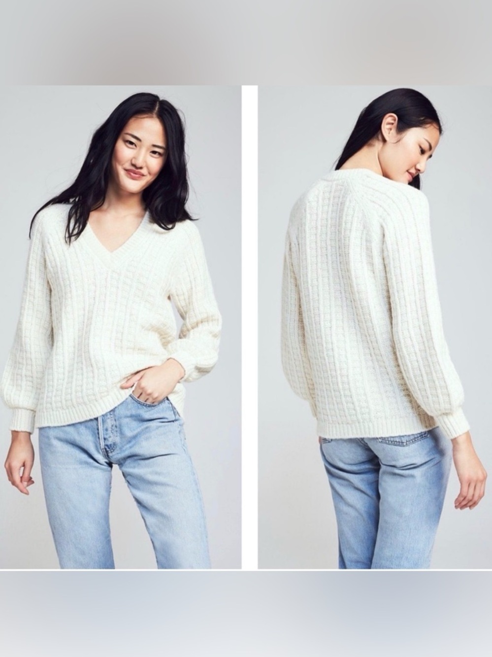 Faherty Aria V Neck Sweater in Cream Size Small